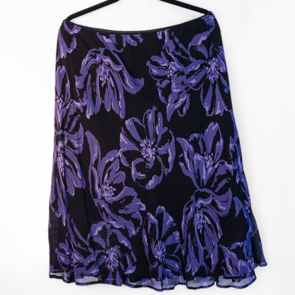 Black and Purple Floral Print A-Line Skirt